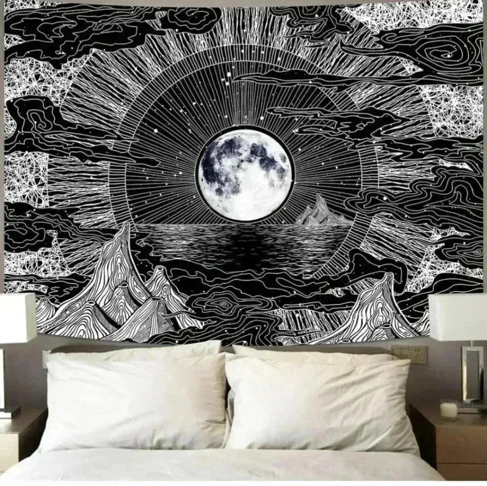 Moonlit Mountain Black & White Tapestry